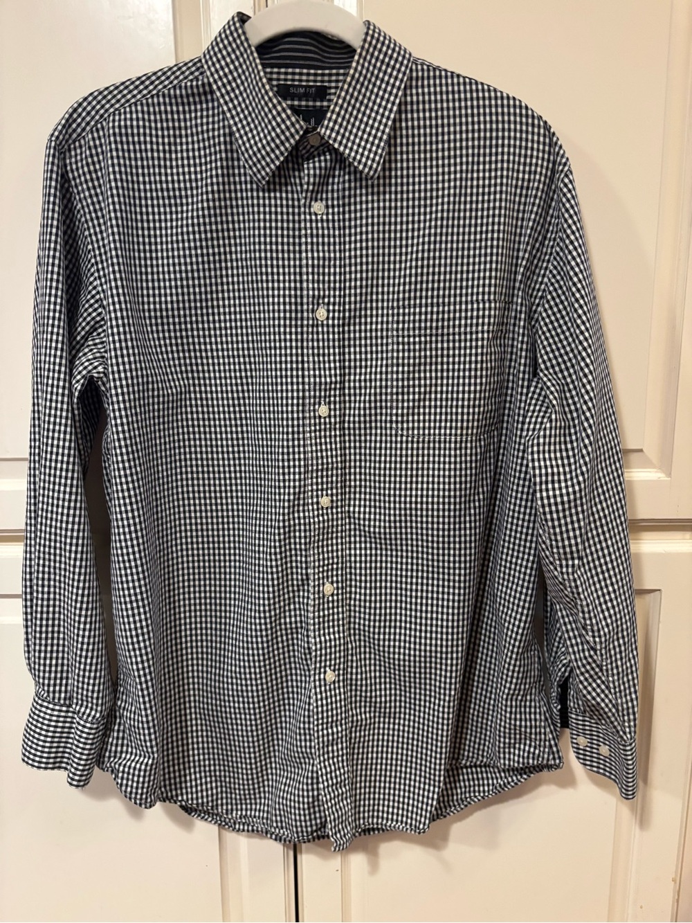 Nicole Miller Men’s Black & White Gingham Button-Down Shirt. 16.5 Slim fit.